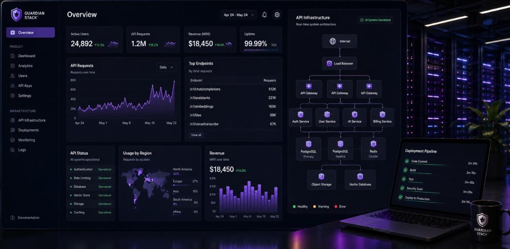 Micro SaaS dashboard with product metrics and API status