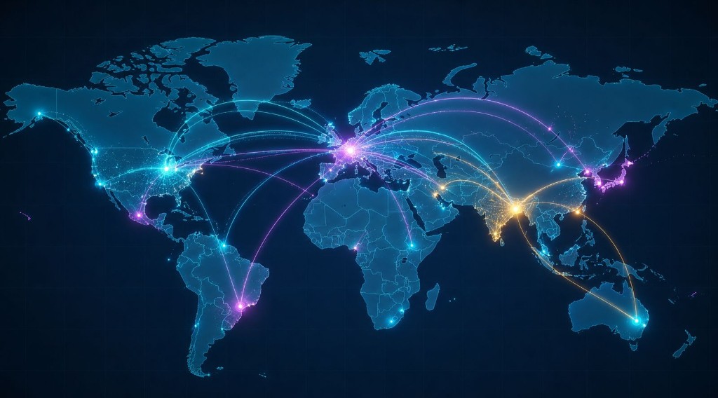 Digital world map showing global network connectivity with glowing hubs and data paths